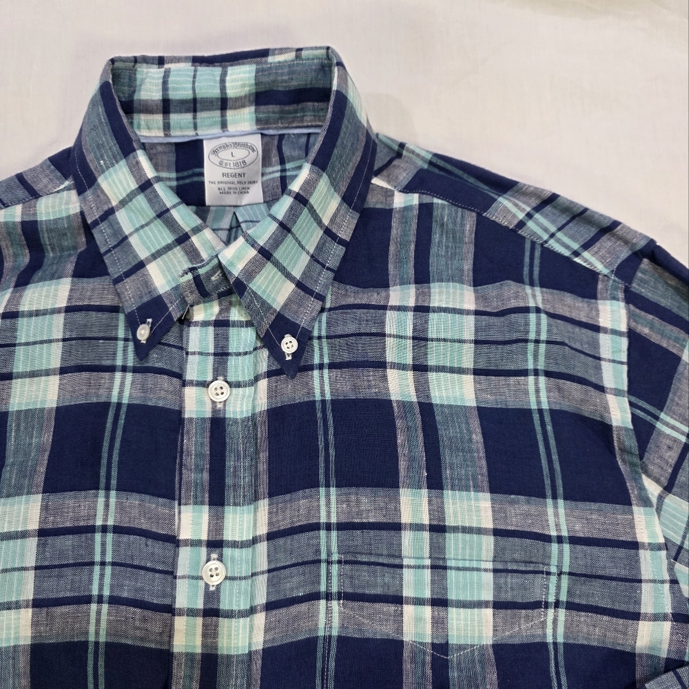 Brooks Brothers Regent Fit Baird McNutt Irish Linen Plaid Button Down Shirt. L